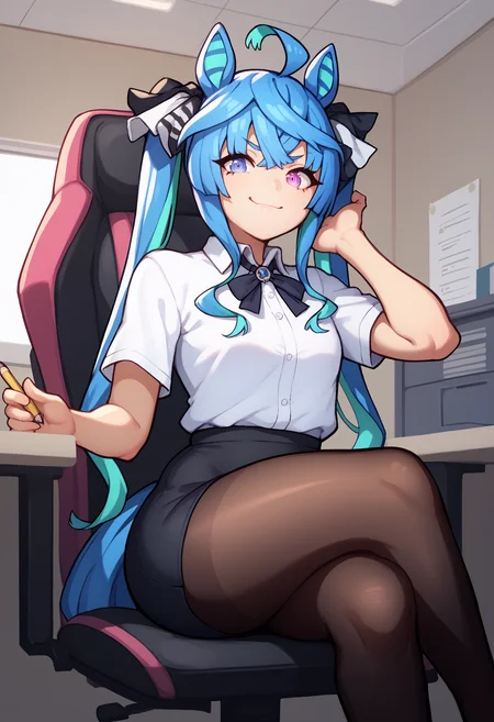 score_9, score_8_up, score_7_up, <break> solo, 1girl, tw1nturb0, horse tail, smirk, closed mouth, looking at you, sitting, swivel chair, crossed legs, two-tone hair, blue hair, aqua hair, ahoge, crossed bangs, twintails, hair ribbon, animal ears, heterochromia, purple eyes, blue eyes, @ @, white shirt, collared shirt, black skirt, pencil skirt, black pantyhose, indoors, office
<segment:yolo-face_yolov8m.pt,0.4,0.5//cid=1>