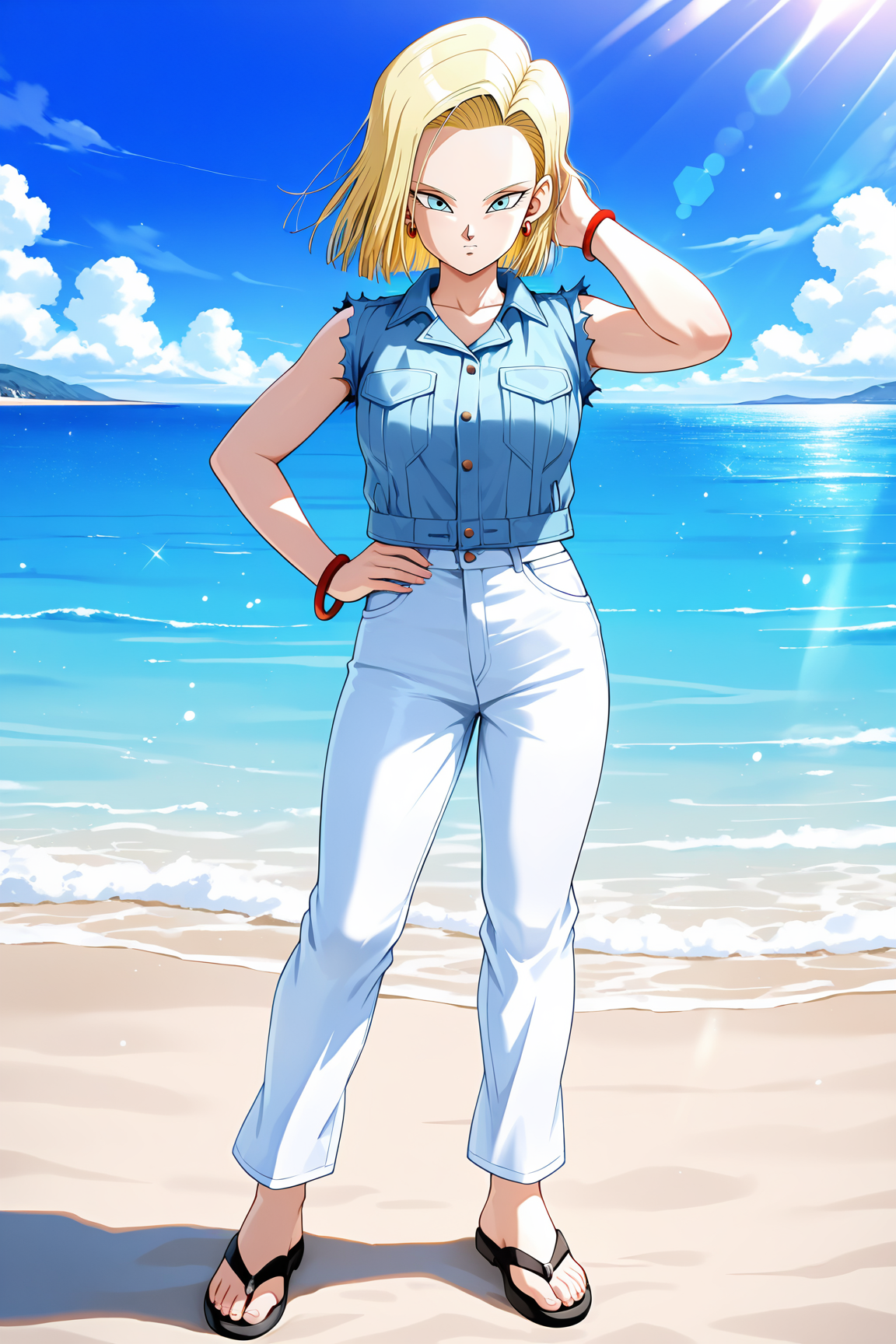 masterpiece, best quality, amazing quality, very aesthetic, absurdres, newest, (scenery, volumetric lighting), dappled sunlight, light particles, light rays, lens flare, android 18, buu_saga_casual, 1girl, solo, looking at viewer, short hair, blue eyes, blonde hair, hand in own hair, sky, ocean, beach, jewelry, standing, full body, earrings, sleeveless, pants, sandals, denim jeans, pocket, hand on hip, breast pocket, red bracelet, light blue jacket, red earrings, black sandals, white pants, torn jacket <lora:android_18_v3-10:0.8>