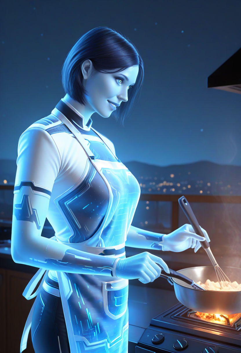 masterpiece, best quality, high quality, (realistic:0.8), focused subject, detailed, (from side:0.7),
1girl, solo, USTheWeapon, blue skin, holographic girl, holographic clothes, apron,
cooking, looking down, light smile, (parted lips:0.7),
night,
<lora:USTheWeaponIL:1>, <lora:reij-detaILer:0.8>