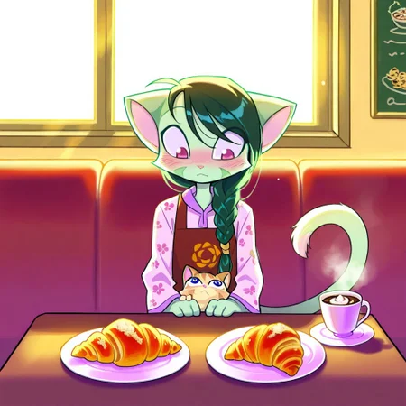 score_9, score_8_up, score_7_up,lilith_calah,
1girl,solo,furry,tail,dark green hair, source_furry,
,<lora:lilith_calah_illustrious:0.8>,
child, kid,
sips hot cocoa while a tabby cat naps on her lap. A half-eaten croissant sits on a floral plate, and sunlight streams through café windows, cafe, cat, hot_chocolate, croissant, plate, sunlight, lap, blush, floral_print, window_seat, steam, apron, braided_hair
