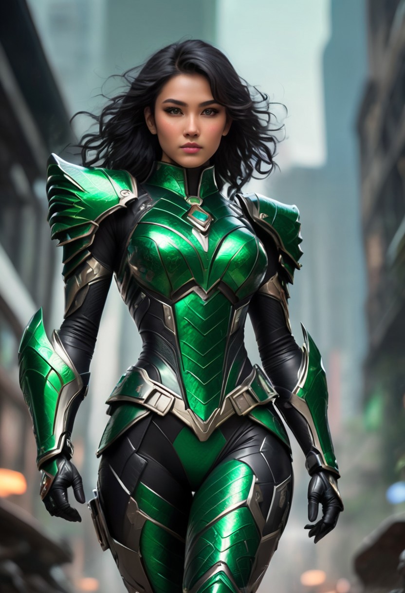Green Power Ranger. The helmet is a sleek  emerald green with scales etched in a glossy pattern. black visor resembling fierce and intelligent, mouthpiece mirrors the komodo jaws. chest piece boasts a detailed scale motif with a bold emerald green insignia at its center. The arms are covered in flexible yet sturdy dark green emerald armor, extending to claw-tipped gloves. Small vents on the forearms. The waist is secured with a utility belt buckle, the legs are shielded by segmented armor. Thigh plates feature scale patterns, knee guards have spiked protrusions, and boots are reinforced with tungsten-tipped soles. cyberpunk art style, Shounen Anime Style, cyberpunk alien city background, full--body, highly--detailed, bokeh--focus, soft Analogous colors, extremely wide-angle, FastNegativeV2, <lora:fightingpose:0.7> squat, fighting pose, knee on ground,