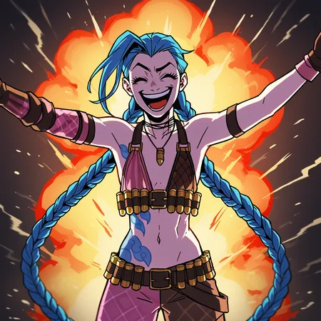 score_9, score_8_up, score_7_up, score_6_up, score_5_up, score_4_up, zPDXL2,source_anime,rating_questionable, cowboy shot, jinx LoL, laughing, in air, <lora:Explosion:0.8> 3xplosion, explosion, black smoke