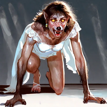 .1girl,(transformation, species transformation:0.9) into (wolf), feral transformation, brown fur,(long brown hair, wavy hair), wolf snout, wolf teeth, fangs, embarrassed,(realistic fur, hairy fur, wiry hair over body, fur over body, detailed fur texture),claws,paws,white dress,torn dress,frilly dress,lacy dress,long sleeves,prairie dress,knee length dress,full body shot,body horror,(((on all fours))),digitigrade,on the ground,realistic,small breasts,muscular,fluffy,big eyes,human eyes,animal pupils,cute eyes,yellow eyes,softly glowing eyes,