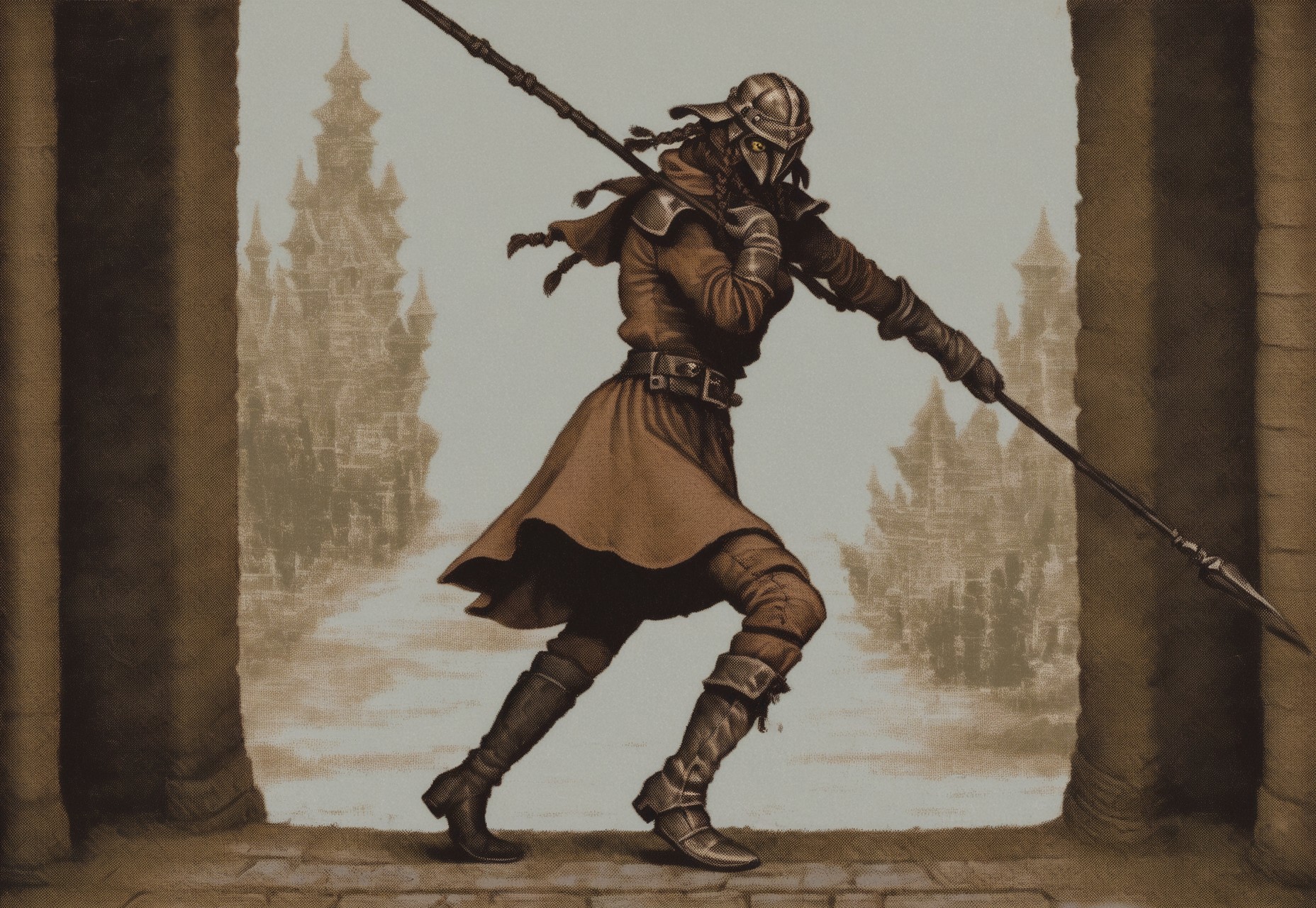 score_9, score_8_up, score_7_up, score_6_up, masterpiece, best quality, very aesthetic, 1girl, solo, from side, helmet, brown hair, braids, yellow eyes, blue brigandine, belt, leather gloves, padded leggings, boots, polearm, scabbard BREAK medieval courtyard background, dynamic color, dynamic attack pose, dynamic background, warm tone, vermis style