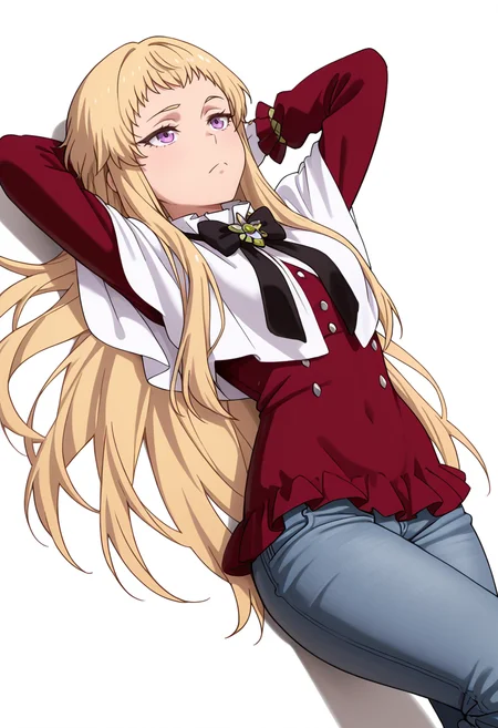 Smooth Quality,masterpiece,very intricate, high quality details, ultra realistic, high detailed skin,detailed enviorement,absurdres,
simple background, white background,solo,
lying, hands behind head, knee bent, relaxed, casual,  ,dutch angle,stifled laugh,frown, 
zip-up vest,  ,compression shirt,  ,jeans, , 
<lora:Mariabell_Rosso_cnn:0.8> maricnn,1girl, long hair, blonde hair, purple eyes, frown, very long hair,red dress, long sleeves,white capelet,black bowtie,white gloves,