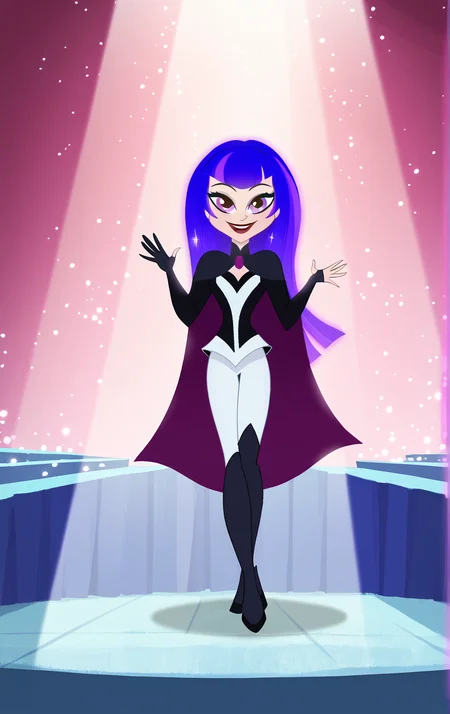 ((score_9)), score_8_up, ((high quality)), ((masterpiece)) BREAK
DCSG Style, ZeeZ, Zatanna, makeup, cape, Purple eyes, long hair, blunt bangs, looking at viewer, smiling, good anatomy, five fingered hands, spotlight, theater stage, waving, full body<lora:DC_Superhero_Girls_2019:0.8>,<lora:pony_good_hands:0.8>