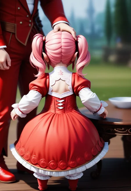 LalaTater, Lalafell, bloomers, depth of field, 1girl, dress, long sleeves, pink hair, puffy sleeves, red dress, red footwear, twintails, veil, chibi, puntable, female focus, 1boy, hands on other's head, BREAK PonyXLV6_Scores