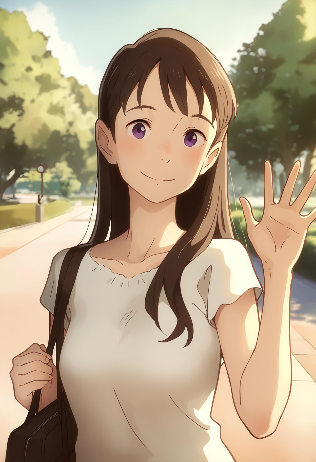 masterpiece, amazing quality, best quality, ultra-detailed, amazing quality, newest, absurdres, highres, very aesthetic, 1girl, solo, upper body, waving, onee_ph, long hair, brown hair, purple eyes , small breasts, front view, smile, outdoors, park, looking at viewer,<lora:onee_ph-il:1>