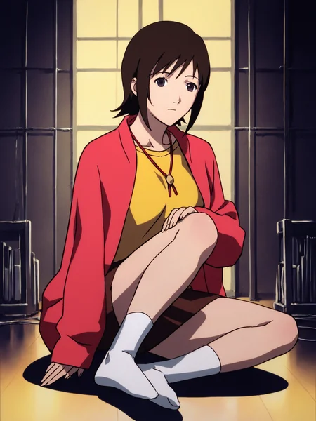 woman, 20 y/o, 20 year old, 20 year old woman, adult, score_7_up, score_8_up, score_9, BREAK masterpiece, high quality, 1girl, solo, <lora:Mizuki_Alice_PDXLv0-e55:0.6> mizuki alice, red jacket, yellow shirt, necklace, brown skirt, short white socks, dark room,
