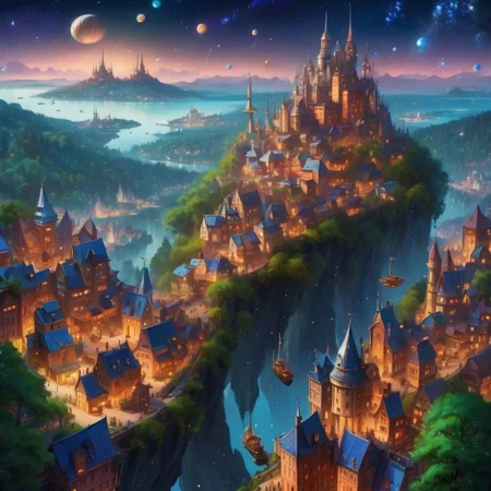 fantasy city overlooking a forest, bustling nightlife with flying ships, floating castle, starry night