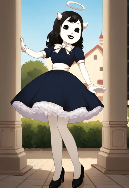 (Masterpiece, best quality:1.2), score_9, score_8_up, flat color, flat shading, soft shading, lighting, Alice Angel in a 1950's dress with a button down top, a fluffy frilly ruffled full petticoat, and high heels, dress, layered petticoat, frilly petticoat, fluffy petticoat, full petticoat, wide dress, flowing dress, solid colored skirt, short sleeves, black hair, Bendy and The Ink Machine, series accurate, cute, best high quality, high res, black lips, white colored skin, whole body shot, 1girl, solo, outside, standing straight, in a garden, cute, adorable, smile, low angle upskirt shot, cartoon, cartoon style, vector, solo, circle dress, 1950s, alice angel