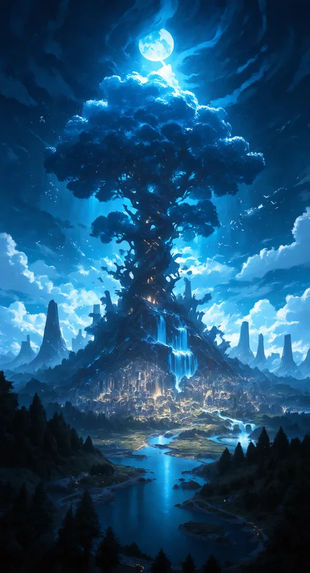 masterpiece, best quality, good quality, very awa, very aesthetic, absurdres, newest, bird, cityscape, cloud, night, giant tree, landscape, no humans, outdoors, planet, river, scenery, sky, surreal, tree, water, waterfall, moonlight, <lora:spo_sdxl_10ep_4k-data_lora_webui:0.6> <lora:ponyv4_noob1_2_adamW-000017:0.7> <lora:USNR_STYLE_XL_lokr:0.45>
