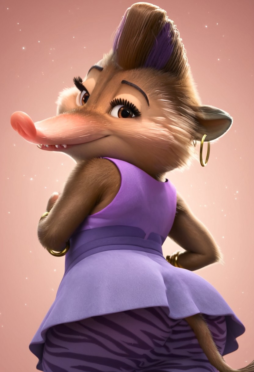 charisma_z+casual, furry, anthro, female arctic shrew, short brown hair, mohawk (one purple hair streak), tan golden-brown fur, long pink nose, big eyelashes, golden-brown eyes, golden-brown hands (four fingers), short claws, brown-gray feet, brown tail, sleeveless purple dress (light purple on front, dark purple on back), purple pants (zebra patterns), ears golden earrings (golden hoop rings), gold bracelet on right arm, score_8_up, score_7_up, BREAK, 1girl, solo, from behind, looking back, from below, low-angle shot, portrait, head tilt, looking at viewer, detailed background, 4k, masterpiece, best quality, highly detailed, realistic, 3d, Expressiveh