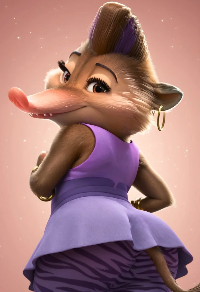 charisma_z+casual, furry, anthro, female arctic shrew, short brown hair, mohawk (one purple hair streak), tan golden-brown fur, long pink nose, big eyelashes, golden-brown eyes, golden-brown hands (four fingers), short claws, brown-gray feet, brown tail, sleeveless purple dress (light purple on front, dark purple on back), purple pants (zebra patterns), ears golden earrings (golden hoop rings), gold bracelet on right arm, score_8_up, score_7_up, BREAK, 1girl, solo, from behind, looking back, from below, low-angle shot, portrait, head tilt, looking at viewer, detailed background, 4k, masterpiece, best quality, highly detailed, realistic, 3d, Expressiveh