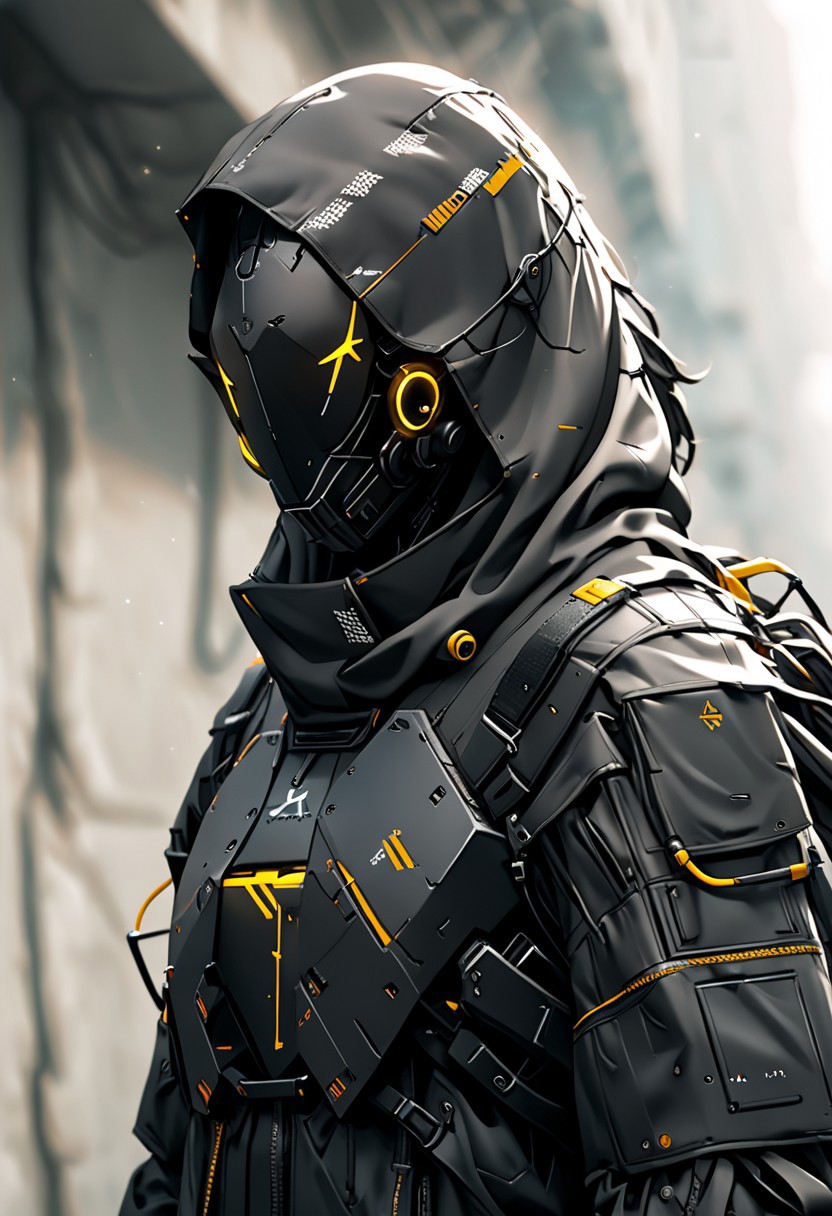 masterpiece,high resolution,shadow detail,natural light,
techwear, 
techwear, , science fiction, solo, upper body, robot mask, , black jacket
 <lora:TechWearXL:0.8>