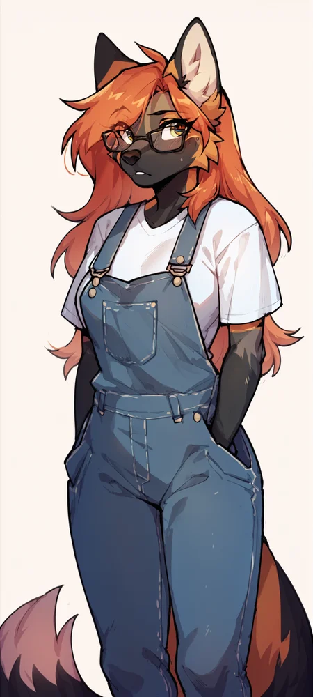 score_9, score_8_up, score_7_up, score_6_up, score_5_up, score_4_up, 1girl, furry, cross fox, long hair, eyes visible through hair, glasses, t-shirt, overalls, <lora:Cross_Fox_LoRA:1>
