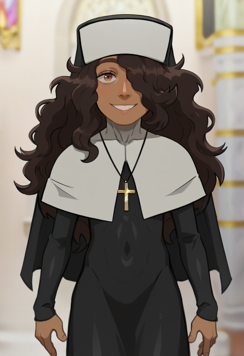 score_9, score_8_up, score_7_up,  <lora:add-detail-xl:3>,
BREAK
<lora:Sister_Carlini:0.8>, Carlini, dark skin, brown hair, long hair, hair over one eye, brown eyes, habit, nun , nun dress, cross necklace,
BREAK
solo, standing, smile,