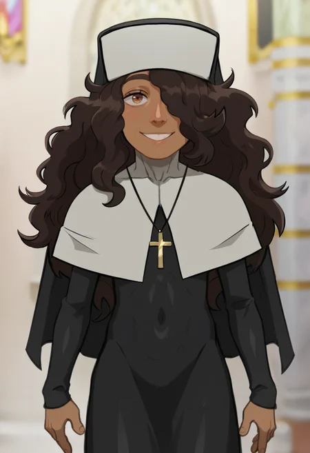 score_9, score_8_up, score_7_up,  <lora:add-detail-xl:3>,
BREAK
<lora:Sister_Carlini:0.8>, Carlini, dark skin, brown hair, long hair, hair over one eye, brown eyes, habit, nun , nun dress, cross necklace,
BREAK
solo, standing, smile,