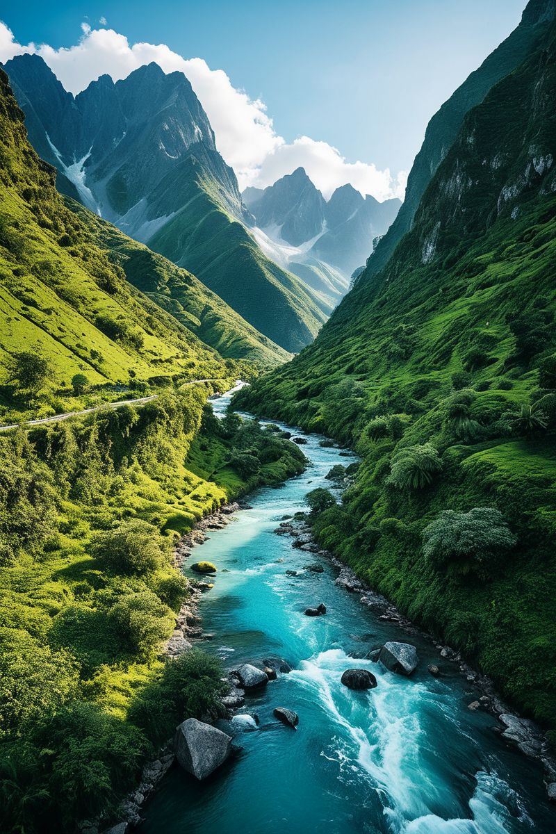 (((a lush, verdant valley surrounded by towering, jagged mountains, with a winding river running through it.))), Bold Primary Colors, Playful Vibe: vibrant lighting, primary colors, sharp focus, playful ambiance, fun elements, bold textures, energetic look, lively atmosphere, vibrant aesthetics, capturing joy, playful emotions, dynamic scenes, artistic feel, storytelling through colors, professional technique, striking visuals, creative concept, whimsical approach, lively styling, cheerful environment, surreal aesthetics, captivating narratives, intricate details, playful landscape, editorial storytelling, vibrant glows, evoking happiness, pushing creative boundaries <lora:add-detail-xl:2> <lora:Cosine_freck:1>