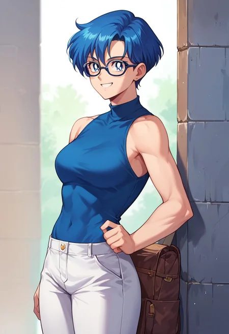 (masterpiece), best quality, a 19 year old girl with (long blue capri hair) and blue eyes, she wears a navy blue sleeveless shirt, white pants and glasses, she has a little muscle, smiling, score_9, score_8_up, score_7_up, source_anime, score_9, score_8_up, score_7_up, sm90s