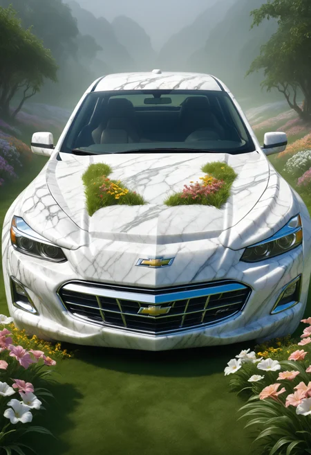 <lora:MarbleStyle:1>, Jed-mrbl, Concept art, dense grass, (Chevrolet:1.2) , Large, covered in Flowers, Foggy conditions, deep focus, Pointillism, soft lighting, Velvia, ambient light, aesthetic, perfect symmetry, atmosphere, creative, full color, located artistic