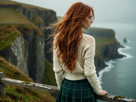 (back facing viewer:2), (analog photograph, hyperrealistic, masterpiece, 8K, soft cinematic lighting, cold|dreary atmosphere, windy:1.75), (tall woman, very long messy hair, overlooking the cliffs of Moore, tight white knitted aran sweater, short plaid green skirt:1.5), pale skin, redhead, skinny <lora:RMSDXL_Enhance:1.5> <lora:RMSDXL_Creative:1>