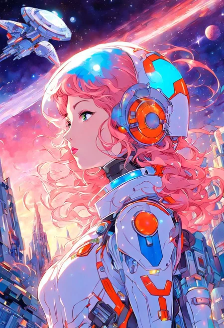 Caroline Diethard Sorg, Woman spacesuit, helmet, alien landscape, alien sky, glowing crystal buildings in the background, Macross