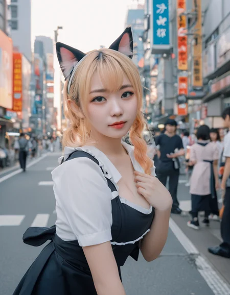 Sunset lighting. A young woman with blonde dyed hair, cat ears and Korean-style makeup with detailed skin texture.
She stands in a maid outfit in a beckoning cat pose, with the busy sign-lined streets of Akihabara, Tokyo, in the background. Realistic film photography
<lora:SkimMilk:0.6>