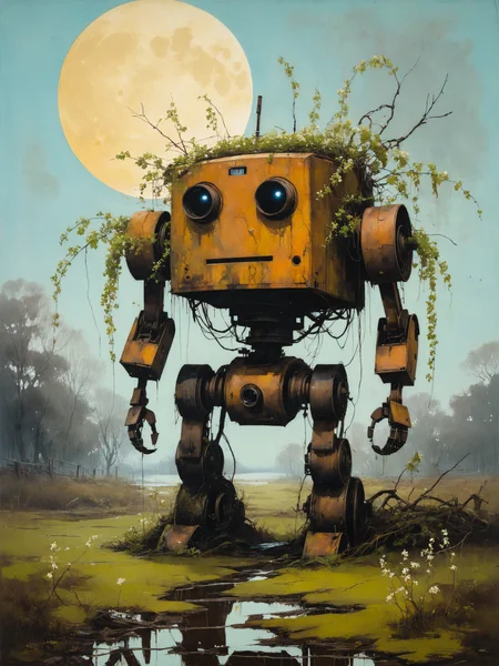 by Greg Tocchini and Jan van Kessel the Elder, (brown tones, aged yellowing paper, inkpunk, moonlight, ink stains, ink splashes, (an abandoned rusted robot ((lying on the ground)) in the Simon Stalenhag style reclaimed by nature, shutdown, ivy on the wings, broken window glass, (waterfalls), dramatic lighting, cinematic ,realism:1.5), surreal, swampy wetlands, at a distance, moonlit, lonely, solitude, consumed by wispy ribbons of wanderlust, windy, flowering vines wrapping and supporting, tall trees, willows, willowy:1.4), (big storm and waves at sea:1.4), (big storm and waves at sea:1.4), hyper detailed, poster art, bold lines, expressive drawing,  award winning, (intricate details, masterpiece, best quality:1.4)
<lora:add-detail-xl:1> <lora:xl_more_art-full_v1:0.5>  <lora:NicolaSamori:0.5> in the style of nicola samori