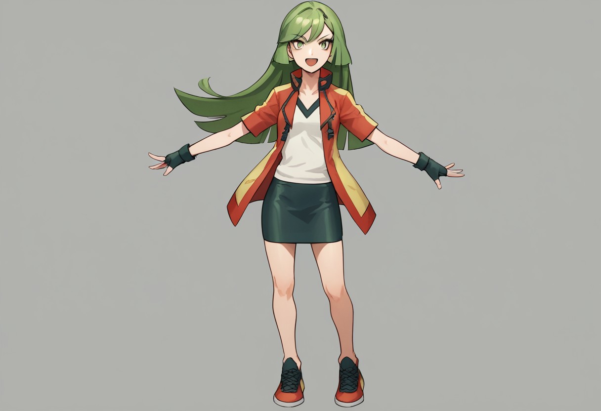 score_9, score_8_up, score_7_up, source_anime, good anatomy, detailed face, beautiful face, 1girl, solo, AceORAS, green hair, long hair, hime cut, straight bangs, green eyes, AceOrasClothes, red and yellow jacket, white shirt, black miniskirt, pencil skirt, sneakers, black fingerless gloves, standing, smiling, open mouth
