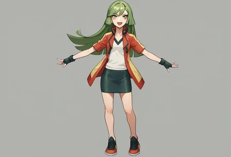 score_9, score_8_up, score_7_up, source_anime, good anatomy, detailed face, beautiful face, 1girl, solo, AceORAS, green hair, long hair, hime cut, straight bangs, green eyes, AceOrasClothes, red and yellow jacket, white shirt, black miniskirt, pencil skirt, sneakers, black fingerless gloves, standing, smiling, open mouth