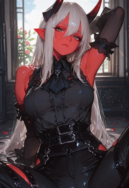 1girl, gorgeous girl , kawaii girl , cute face, masterpiece, best quality, very awa, absurdres, 748cmstyle, usnr
masterpiece, best quality, Good quality, very aesthetic, absurdres, newest,1girl, light rays, looking at viewer, sky, solo, gradient color, erotic, petals falling,
BREAK
ultra-detailed, 8K, illustration, CG, ultra-detailed-eyes, detailed background, ambient occlusion, raytracing, soft lighting, absolutely eye-catching, intricate cinematic background, beautiful face, , eyelashes, erotic, looking seductive, coy. dynamic action image, detailed face, detailed eyes, direct mesmerizing gaze, mature female, medium breast,
BREAK
sexy, slutty, hot, aroused,
Aka-Oni, oni, colored skin, red skin, smooth horns, black horns
BREAK
flirting:2.0, flower,
BREAK
(EyesHD:1.2), (4k,8k,Ultra HD), masterpiece, best quality, ultra-detailed, very aesthetic, sharp focus, depth of field, ray tracing, best lighting, detailed illustration, detailed background, cinematic, beautiful face, beautiful eyes,
BREAK
sweatdrop, expressionless, looking at viewer, on ground, arm behind head, arm support, spread legs, long hair, grey hair, hair between eyes, raised eyebrows, black shirt, sleeveless shirt, black ascot, arm cuffs, black sleeves, detached sleeves, black gloves, black pants, thigh cutout, thigh strap, bare shoulders