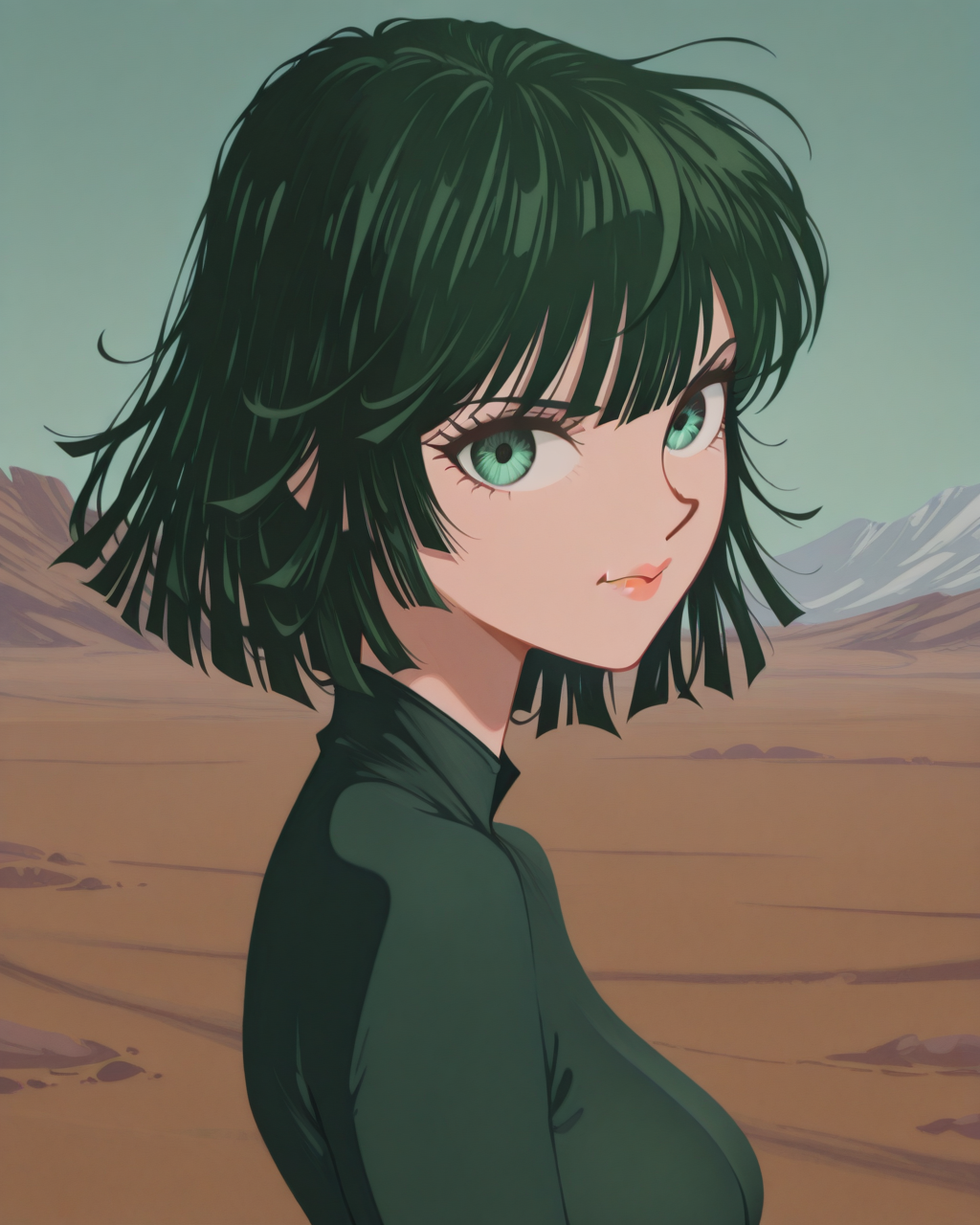 masterpiece,best quality,higres illustration,detailed face,1girl,<lora:minimaltoon_IL:1.5>,minimalism,looking at viewer,from side,smile,upper body,fubuki \(one-punch man\),wasteland,