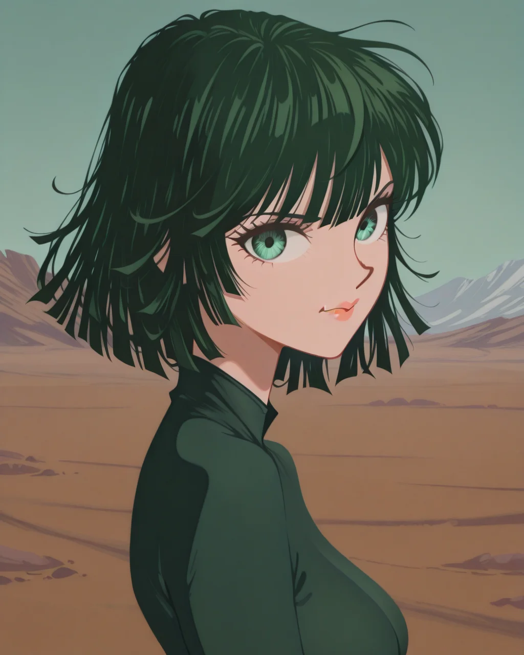masterpiece,best quality,higres illustration,detailed face,1girl,<lora:minimaltoon_IL:1.5>,minimalism,looking at viewer,from side,smile,upper body,fubuki \(one-punch man\),wasteland,