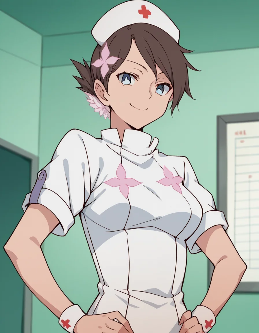 score_9, score_8_up, score_7_up, source_anime, <lora:v-juli-f-hnu-ponyxl-lora-nochekaiser:1>, v juli f, short hair, blue eyes, brown hair, flower, hair flower,, hat, nurse cap, nurse, short sleeves,, indoors, smug, smile, looking at viewer, solo, hands on hips,, cowboy shot, dutch angle