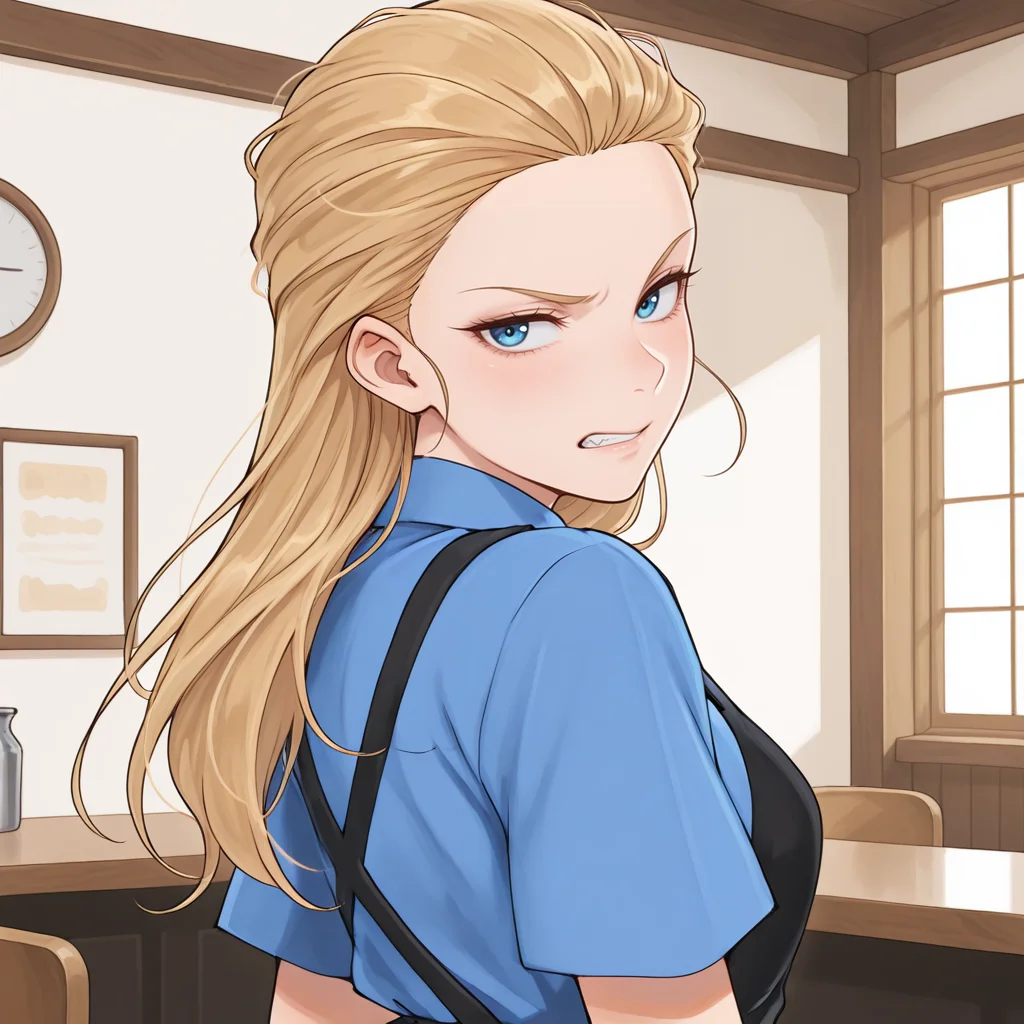 masterpiece, best quality, amazing quality, colorful, vibrant, very aesthetic, detailed background,  <lora:Wendy_-_Waffle_House-000008:1> wh-waitress, 1girl, blonde hair, blue eyes, waitress, indoors,  general, upper body, looking back, grimace, blue shirt, black apron,