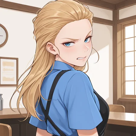 masterpiece, best quality, amazing quality, colorful, vibrant, very aesthetic, detailed background, <lora:Wendy_-_Waffle_House-000008:1> wh-waitress, 1girl, blonde hair, blue eyes, waitress, indoors, general, upper body, looking back, grimace, blue shirt, black apron,