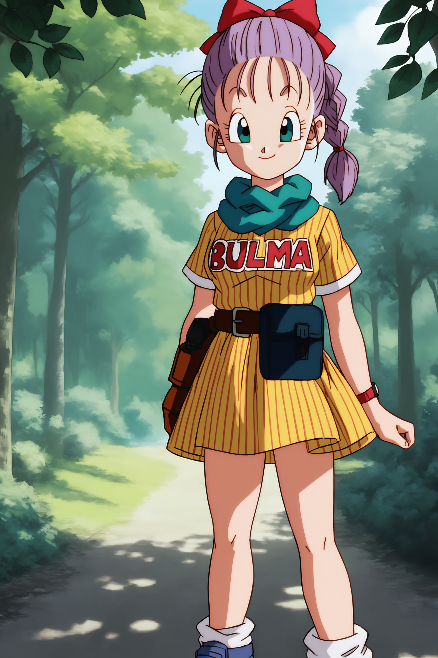 source_anime, score_9, score_8_up, score_7_up, anime screencap, absurd res,
bulma, path to power, teenage, official style, 1girl, solo, looking at viewer, smile, blue eyes, closed mouth, standing, full body, purple hair, short sleeves, hair bow, socks, belt, green scarf, character name, white socks, sneakers, clothes writing, brown gloves, single glove, blue footwear, braided ponytail, arms at sides, wristwatch, holster, yellow dress, loose socks, vertical-striped dress, fanny pack, 
 forest, tree, dappled sunlight, nature, blue sky, 
 <lora:DB_Bulma_v2-000046:0.8>