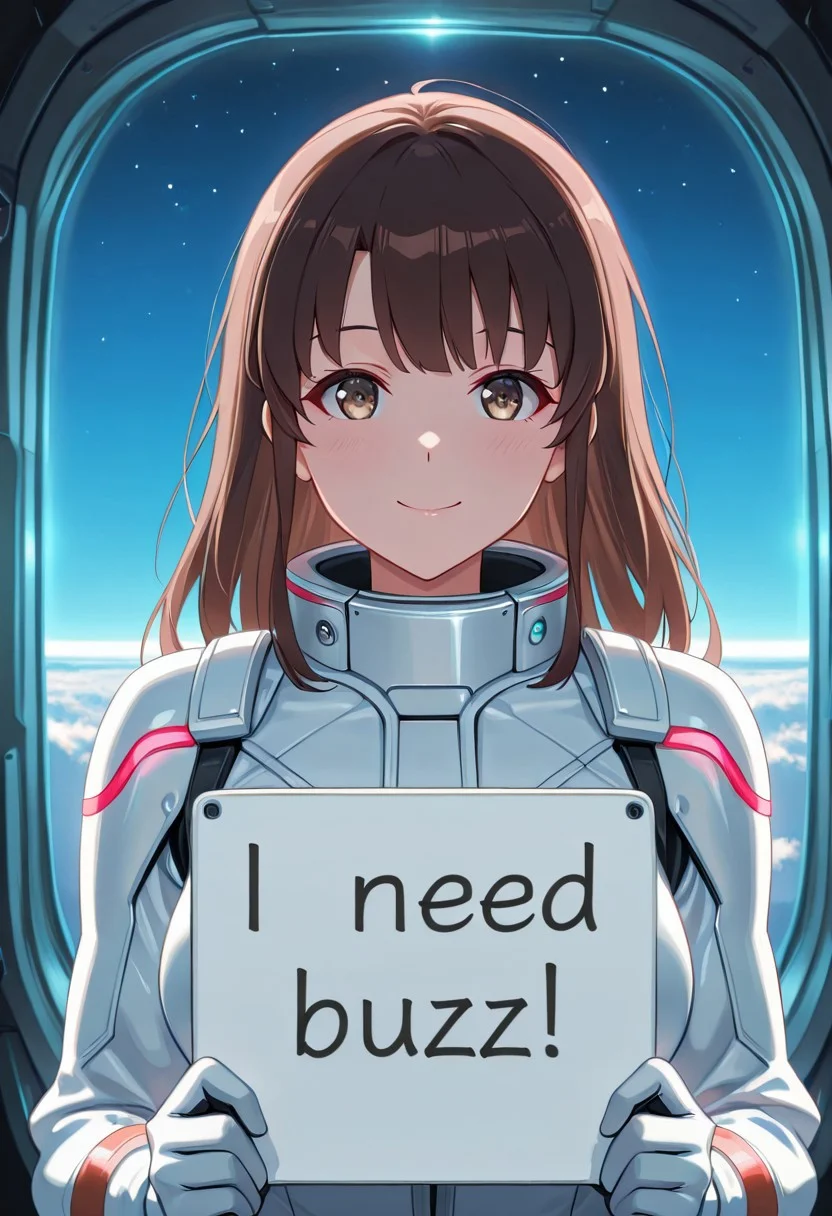 1girl,Megumi <lora:IL-KatoMegumi:0.8>,brown hair,katou megumi,brown eyes,medium breasts,long hair, futuristic astronaut theme, inside a high-tech spaceship, wearing a sleek white and blue space suit with glowing neon accents, (large observation window) showing a breathtaking view of [Earth] and distant galaxies, her hair gently floating due to zero gravity, need_buzz, holding sign (with "buzz") written on it, smile, curious expression, soft ambient lighting from control panels, sci-fi atmosphere, detailed textures on the suit, looking at viewer, cinematic wide-angle shot, close up, masterpiece, best quality, amazing quality, very aesthetic, high resolution, ultra-detailed, absurdres, newest, scenery, volumetric lighting,((detailed eyes)),