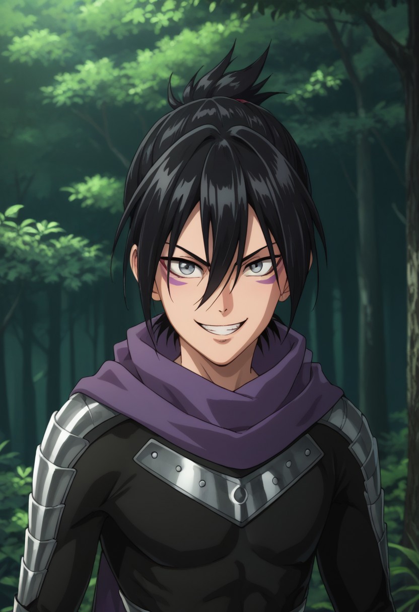 score_9, score_8_up, score_7_up, source_anime, highly detailed, 
nosonikku, 1boy, male focus, bodysuit, scarf, black hair, hair between eyes, black bodysuit, solo, facial mark, purple scarf, grey eyes, ninja uniform, evil grin, upper body
outdoor, tree, shadows, forest,