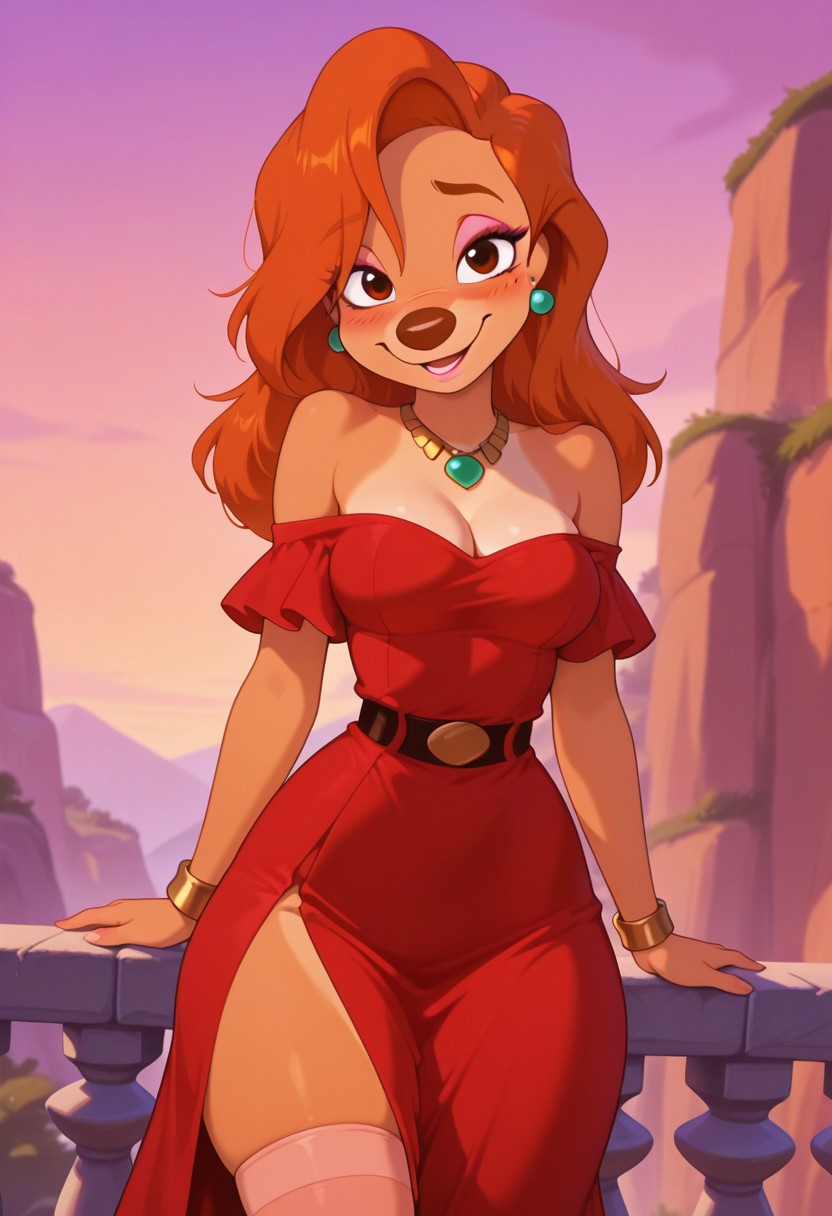 masterpiece, best quality, amazing quality, very aesthetic, absurdres,  newest, detailed background, cowboy shot,  outdoors, dynamic angle,
roxanexd, 1girl, dress, jewelry, solo, medium breasts, red dress, cleavage, earrings, long hair, necklace, side slit, bracelet, shy smile, orange hair, bare shoulders, looking at viewer, off shoulder, belt, long dress, strapless,  off-shoulder dress, open mouth, strapless dress, furry female, thin waist, wide hips, thight thighs, mole under eye, blush, light red eyeshadow, peach thigh highs, light pink lips
<lora:Roxane_-_Disney_Illustrious:1>