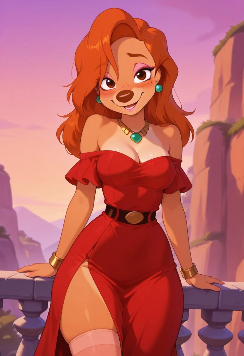 masterpiece, best quality, amazing quality, very aesthetic, absurdres, newest, detailed background, cowboy shot, outdoors, dynamic angle,
roxanexd, 1girl, dress, jewelry, solo, medium breasts, red dress, cleavage, earrings, long hair, necklace, side slit, bracelet, shy smile, orange hair, bare shoulders, looking at viewer, off shoulder, belt, long dress, strapless, off-shoulder dress, open mouth, strapless dress, furry female, thin waist, wide hips, thight thighs, mole under eye, blush, light red eyeshadow, peach thigh highs, light pink lips
<lora:Roxane_-_Disney_Illustrious:1>