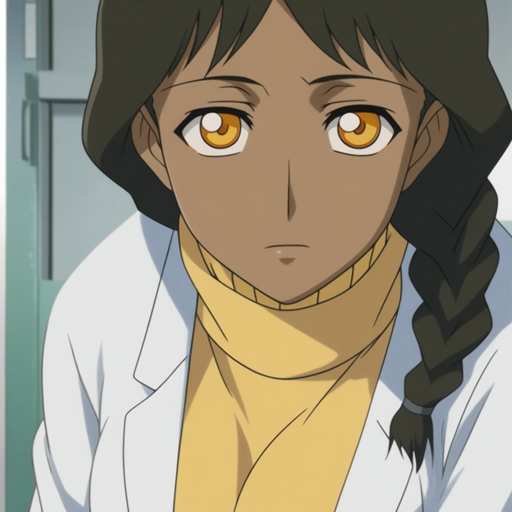 D4RK3RTH4NBL4CK, source_anime,  artist style:Urushihara Satoshi, source_hentai, source_anime,1woman, looking at viewer, facing viewer, score_9, score_8_up, score_7_up, score_6_up, mina_kandaswami, BREAK, 1girl, solo, (mina_kandaswami), dark_skinned_female, dark_skin, bindi, ponytail, braid, turtleneck_sweater, yellow_sweater, labcoat, perfect face, perfect eyes, sexy, sexy girl, seductive, beautiful eyes, petite body, wide hips, large breasts, posing, dynamic angle, retro_artstyle