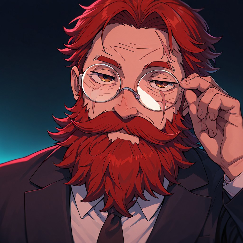 masterpiece, best quality, newest, absurdres, highres, NeoAV1.0, neon lights
1boy, glasses, red hair, suit, round glasses, beard, facial hair, mustache, scar, scars on face