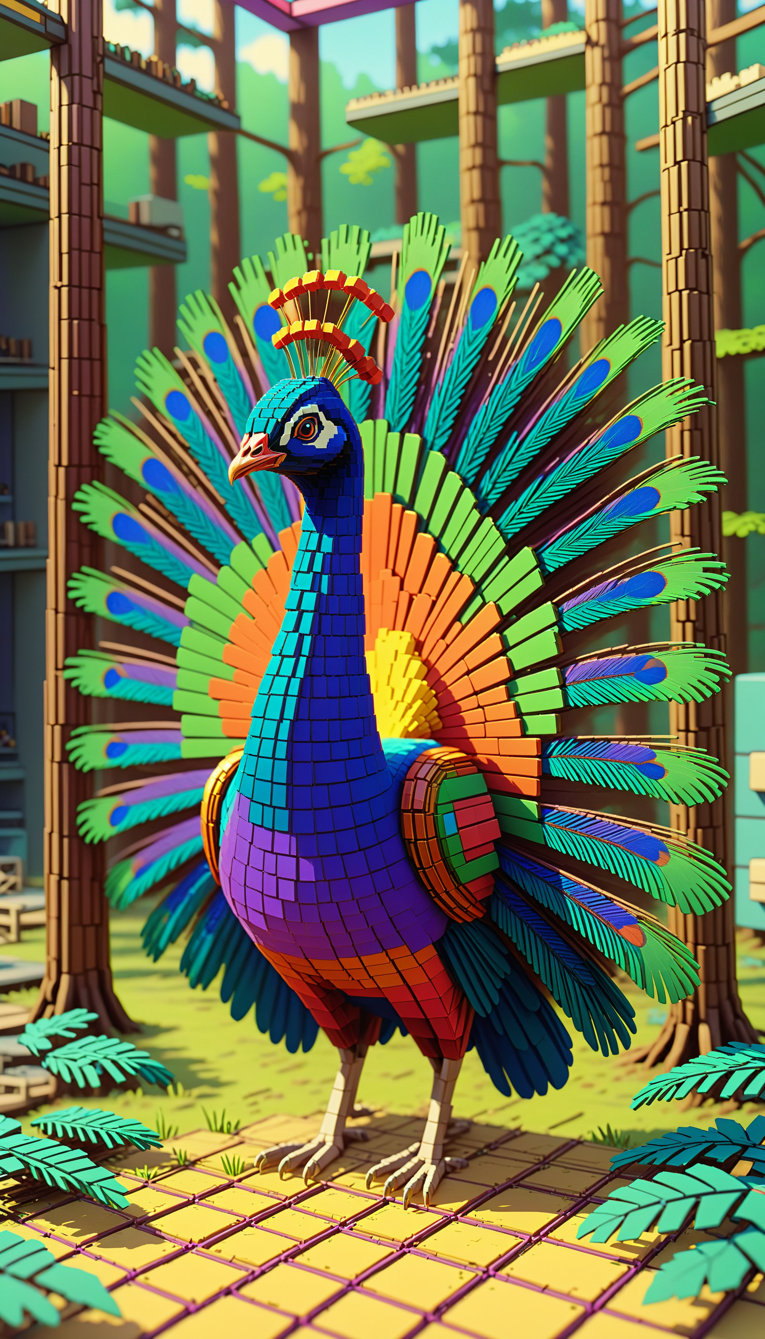 <lora:NESVoxelStyleXL:1.3> NESVoxelStyle a peacock displaying an array of iridescent feathers in a forest clearing, voxel, sci-fi, (retro game:0.5), (video game:0.5), 3D shape, 3D style