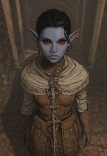 safe_pos, solo, short pointy ears, piercings, random elf face, aquiline features, female dark elf, brow rings, nose rings, beaded piercings, weathered skin, large nose, insect chitin armor, insect chitin helmet, insect chitin ornaments, stylized insect pattern, athletic build, animated realism, zoomed out, Syrian features, torso, brass pipes and gears, intricate architecture, dwarven masonry, dwemer fixtures, white-green light, gloomy lighting, ancient ruins, interior, stone tiled floor, grey-blue skin, grey skin, mahogany and ivory clothes, medium armor, bone plate armor, ivory straps and fittings, alien bone ornaments, grey wood neckguard, red sclera, black pupils, blue-green light, neon, highly detailed, defined features, looking at viewer, three quarters view, from above, dynamic lighting, 19 years old, light and shadows, patterned cloth, annoyed expression, expressive eyes, detailed medieval clothes, medium_breasts, short hair, wavy hair, thick hair, beaded hair, braided hair, under cut hair, semirealistic, alien elf, spanish features, jewish features, black hair, dark red hair, umber skin, sharp features, pastel green inuit print cloak, nighttime, high detail, absurdres, pretty eyes, detailed eyes, red eyes,