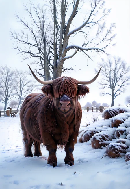 masterpiece, best quality, zzCow, outdoors, day, tree, nature, scenery, snow, fence, winter, bare tree, year of the ox, tusks, hair over eyes, ,<lora:HighlandCow_IXL:1.0>, <lora:FluxieStyle_IXL:1.0>, , bokeh,