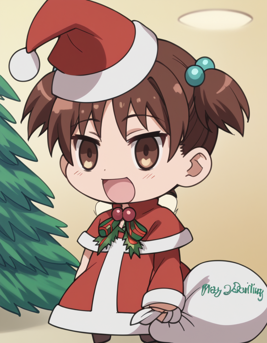 score_9, score_8_up, score_7_up, source_anime, <lora:kana-hazamaya-s1-ponyxl-lora-nochekaiser:1>, kana hazamaya, short hair, brown hair, hair ornament, twintails, brown eyes, hair bobbles, short twintails, child, anime screencap,, <lora:padoru-ponyxl-lora-nochekaiser:1>, padoru, padoru (meme), holding sack, sack, santa hat, meme, christmas, open mouth, chibi, red capelet, santa dress, capelet, fur-trimmed headwear,, , dutch angle, cowboy shot