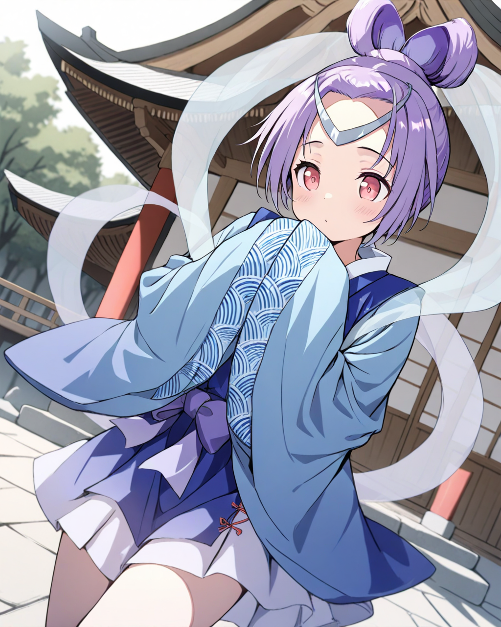 1girl,
AshikiriSyakoOreshika,
safe, solo, perspective, dutch angle,
short girl, circlet, japanese clothes,
hands in opposite sleeves, 
hagoromo, dancing,
outdoors, east asian architecture, shrine,
depth of field,
<lora:kp_AshikiriSyakoOreshikaAnimagineXL_v1_0:1.0>
masterpiece, high score, great score, absurdres
