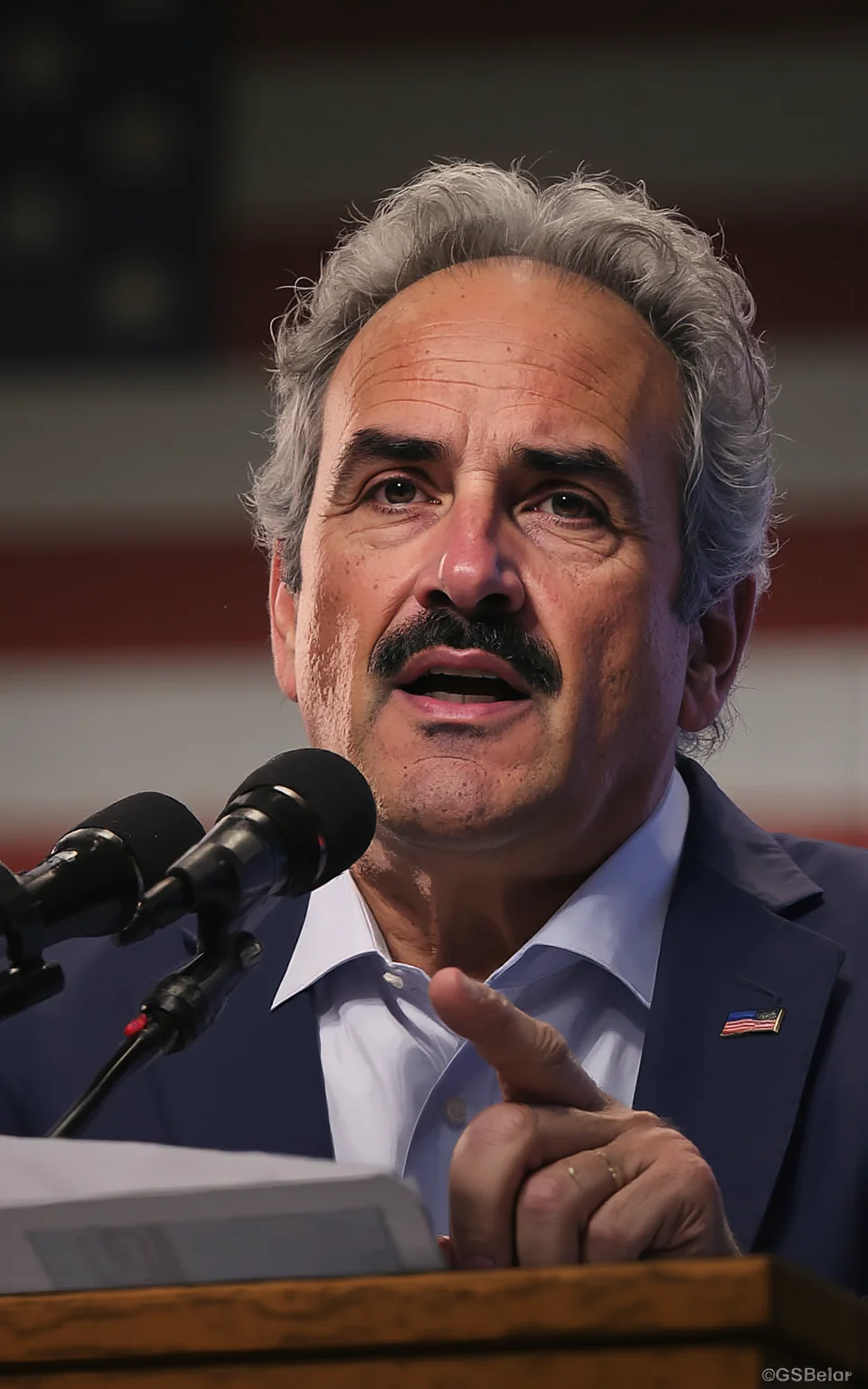 YFG-Th3Dud3 a determined 57-year-old politician with a slightly graying mustache, giving a fervent speech behind a podium